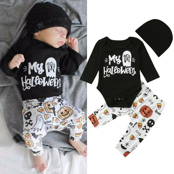 Baby Girl My First Halloween Clothes Set Romper+Shorts Bow 4PC Newborn Halloween Outfits